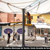 Colocación de toldos para sombra en una plaza que en 1979 se hace peatonal y que hoy ha recuperado en su totalidad el espacio para el peatón y para los veladores de los establecimientos hosteleros de la zona. 2016 ©ICAS-SAHP, Fototeca Municipal de Sevilla, fondo Alcaldía de Sevilla