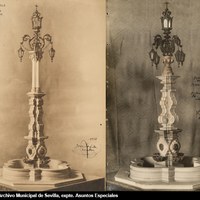 Proyectos de fuente farola monumental para la plaza del Cardenal Lluch firmados por el escultor José Lafita. El de la izquierda, fechado en 1928, no se ejecutó. El definitivo, según maqueta reformada, se presentó en enero de 1929. ©ICAS-SAHP, Archivo Municipal de Sevilla, expte. Asuntos Especiales
