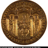 Matriz del sello de cera del Concejo de Sevilla, conocido como “sello barroco”. Utilizado entre 1621 y 1825. 78 mm. de diámetro. Bronce cincelado en negativo. © ICAS-SAHP, Archivo Municipal de Sevilla.
