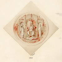 Sello de Sevilla conocido como “renacentista” o “plateresco”, usado entre 1508 y 1636. Acuarela de Joaquín Guichot (1877). El “nomadejado”, ausente. © ICAS-SAHP, Archivo Municipal de Sevilla.