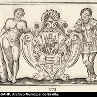 Escudo de Sevilla impreso, utilizado en 1773, con el “nomadejado” al pie, rodeado por Hércules y Julio César. Dibujo de Joaquín Guichot. ©ICAS-SAHP, Archivo Municipal de Sevilla.