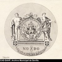 Escudo de Sevilla impreso, utilizado en 1799, con el “nomadejado” al pie, fuera del escudo, rodeado por Hércules y Julio César. Dibujo de Joaquín Guichot. © ICAS-SAHP, Archivo Municipal de Sevilla.