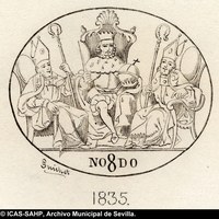 Escudo de Sevilla impreso, utilizado en 1835, con el “nomadejado” al pie, fuera del escudo, rodeado por Hércules y Julio César. Dibujo de Joaquín Guichot. ©ICAS-SAHP, Archivo Municipal de Sevilla.