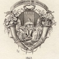 Escudo de Sevilla impreso, utilizado en 1843, con el “nomadejado” al pie, fuera del escudo, rodeado por Hércules y Julio César. Dibujo de Joaquín Guichot. ©ICAS-SAHP, Archivo Municipal de Sevilla.