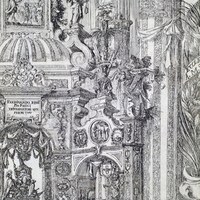 1671. Un año fundamental en la historia de Sevilla. El grabado reproduce el altar alzado en la catedral con motivo de la canonización de Fernando III. En el intradós del arco, una de las primeras representaciones del “nomadejado”. © ICAS-SAHP, Archivo Municipal de Sevilla.