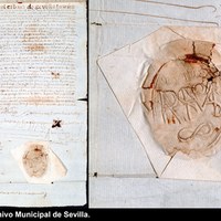 En ocasiones el “nomadejado” se utilizaba en documentación no municipal, como es el caso de este sello del gremio de pasamaneros de 1629, con letras trabadas y madeja en horizontal. ©ICAS-SAHP, Archivo Municipal de Sevilla.
