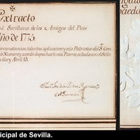 Otro caso similar es el escudo sobre oblea, usado por la Sociedad Económica de Amigos del País en este documento de 1775. ©ICAS-SAHP, Archivo Municipal de Sevilla.