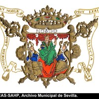 Escudo utilizado desde la década de los años 60 del siglo XX. El exceso de elementos decorativos motivó su posterior reforma. ©ICAS-SAHP, Archivo Municipal de Sevilla.
