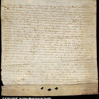 1253, mayo, 3. Sevilla. Alfonso X dona a Martín Meléndez de Forniellos unas casas en la collación de Santiago de Sevilla, olivares en Bormujos y La Rinconada, una huerta en la Puerta del Sol y una heredad en Alcalá de Guadaíra.