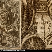 Grabado con imagen de San Eloy, patrón de los plateros. Al pie del santo un escudo peculiar con un “nomadejado” donde la madeja es sustituida por la Giralda. 1746. © ICAS-SAHP, Archivo Municipal de Sevilla.