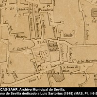Escasas transformaciones urbanísticas ha sufrido el entorno de las plazas del Salvador y de Nuestro Padre Jesús de la Pasión salvo su denominación y la de las calles adyacentes. ©ICAS-SAHP, Archivo Municipal de Sevilla, Plano de Sevilla dedicado a Luis Sartorius (1848) (MAS, Pl. II-8-26)