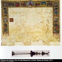 Título de ciudadano y senador de Roma otorgado por el Senado romano el 21 de noviembre de 1615. En la orla del documento, en el ángulo superior izquierdo, el escudo de Hasekura con el símbolo budista de la cruz esvástica. ©Museo de Sendai. Edit. en Date Masamune´s Dream, Museo de Sendai, 2013. Biblioteca del SAHP.